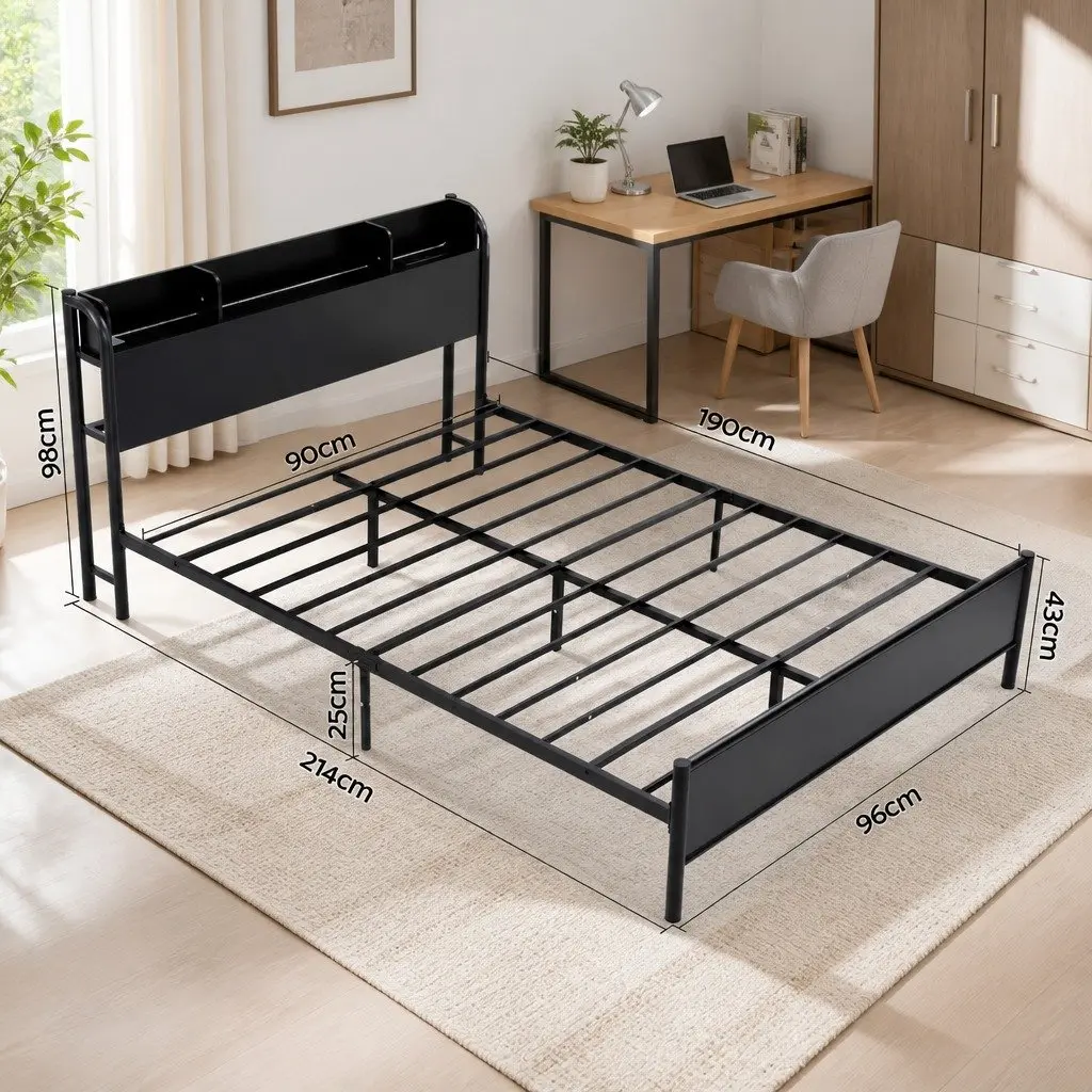 Metal Bed Frame with Storage Headboard and LED Strips