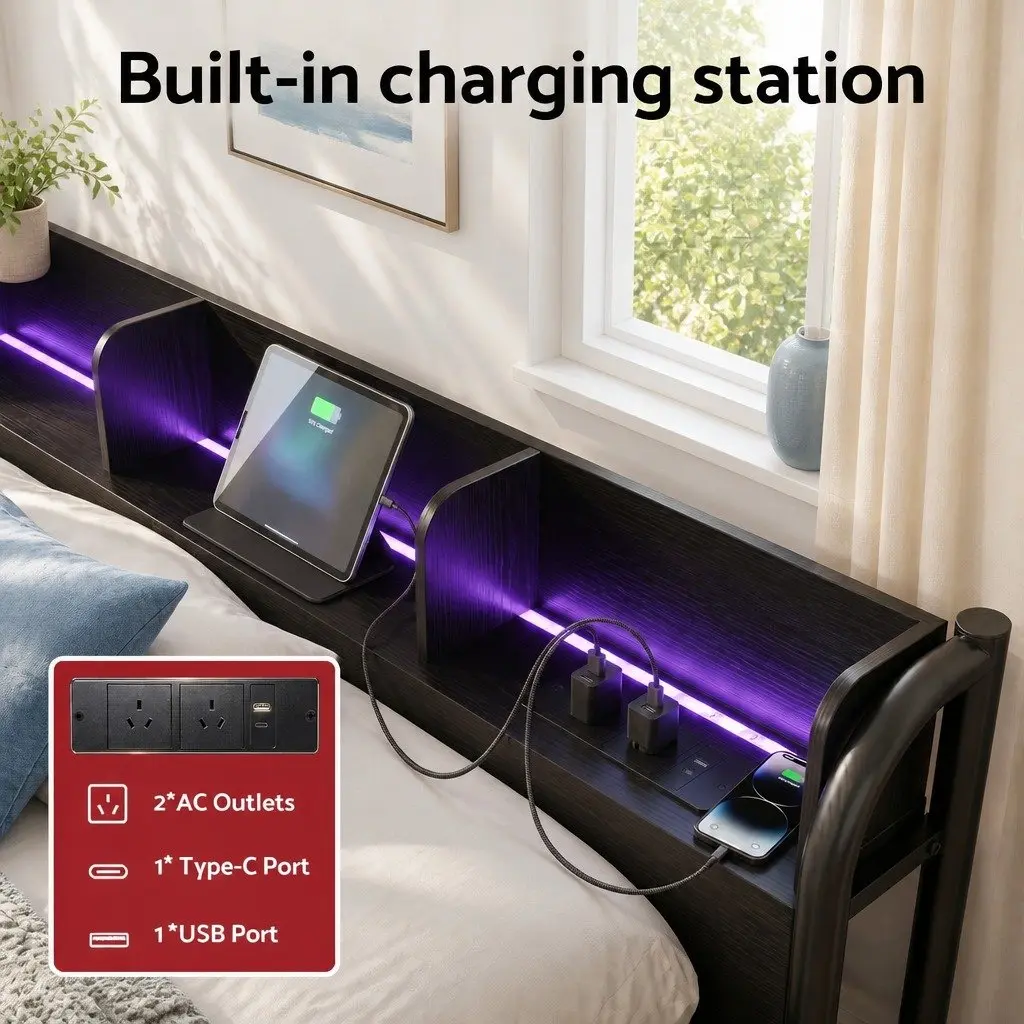Metal Bed Frame with Storage Headboard and LED Strips