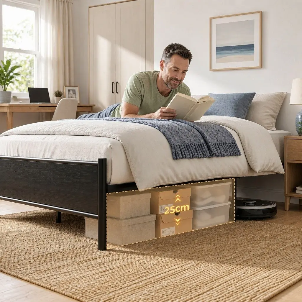 Metal Bed Frame with Storage Headboard and LED Strips