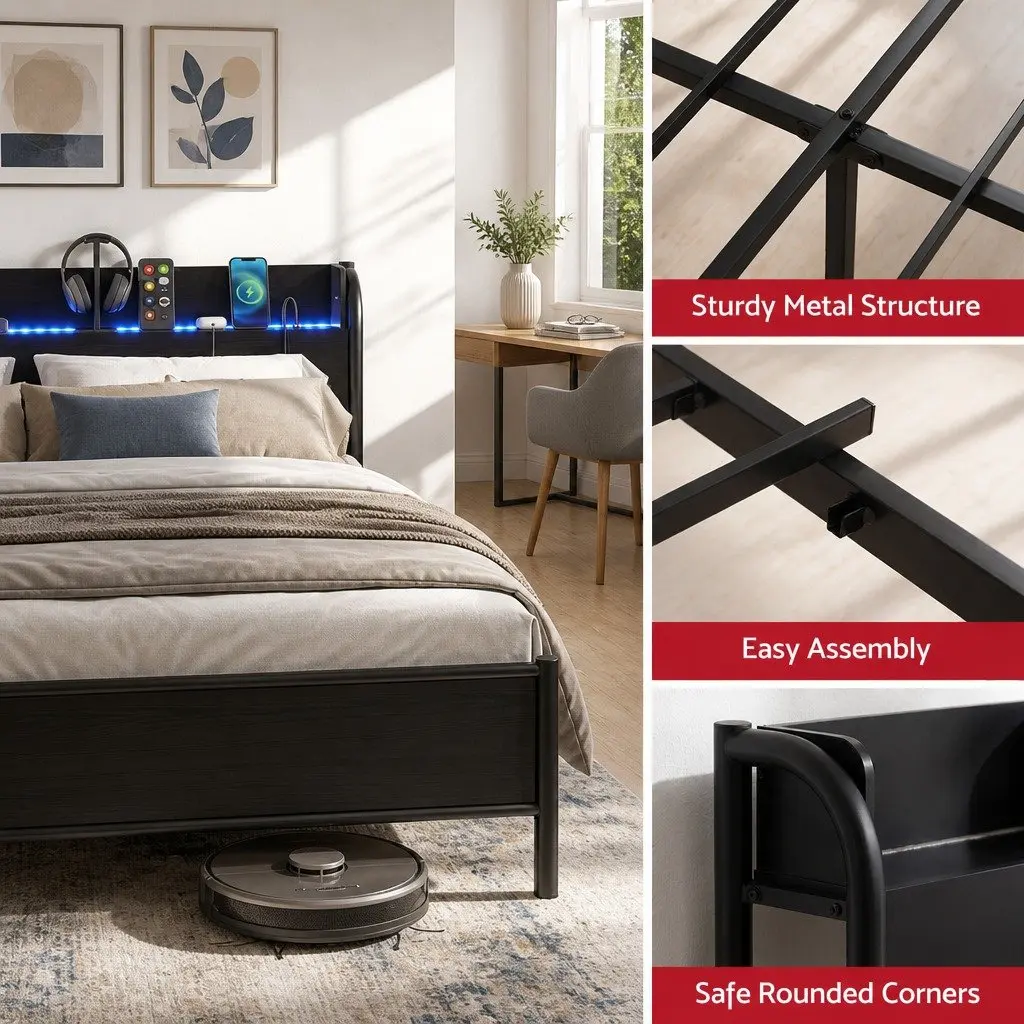 Metal Bed Frame with Storage Headboard and LED Strips