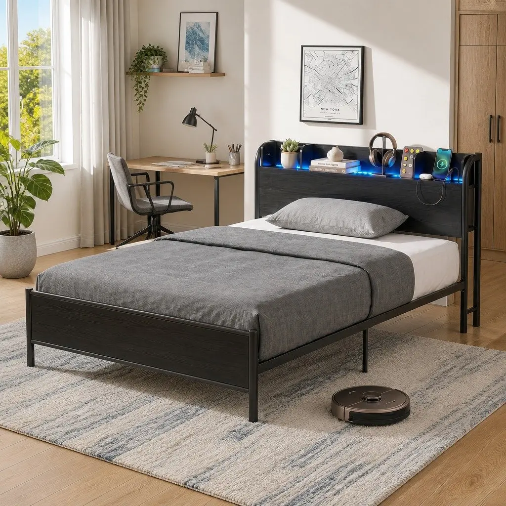 Metal Bed Frame with Storage Headboard and LED Strips