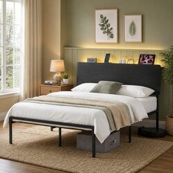 Queen Size Metal Bed Frame with LED and Charging Station