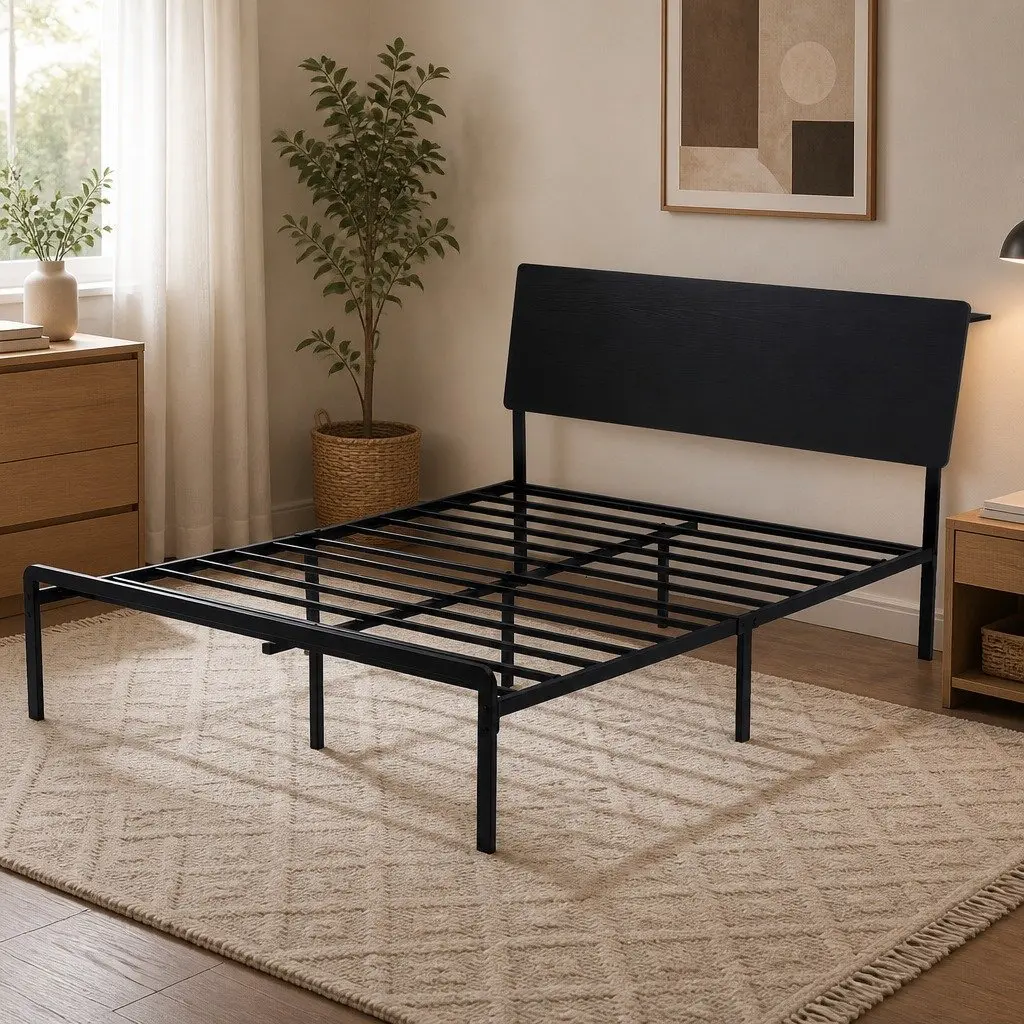 Metal Bed Frame with Storage Headboard Charging Station LED Lighting Queen Size Black