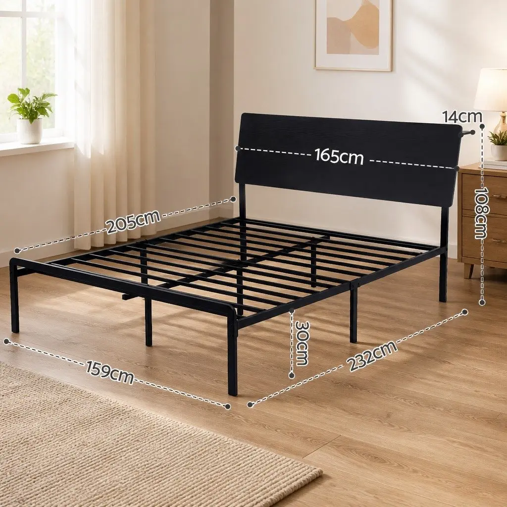 Metal Bed Frame with Storage Headboard Charging Station LED Lighting Queen Size Black