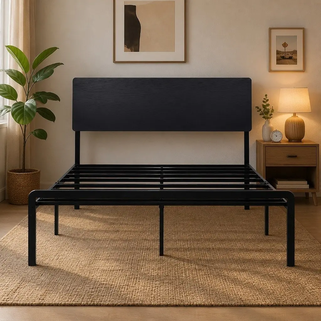 Metal Bed Frame with Storage Headboard Charging Station LED Lighting Queen Size Black