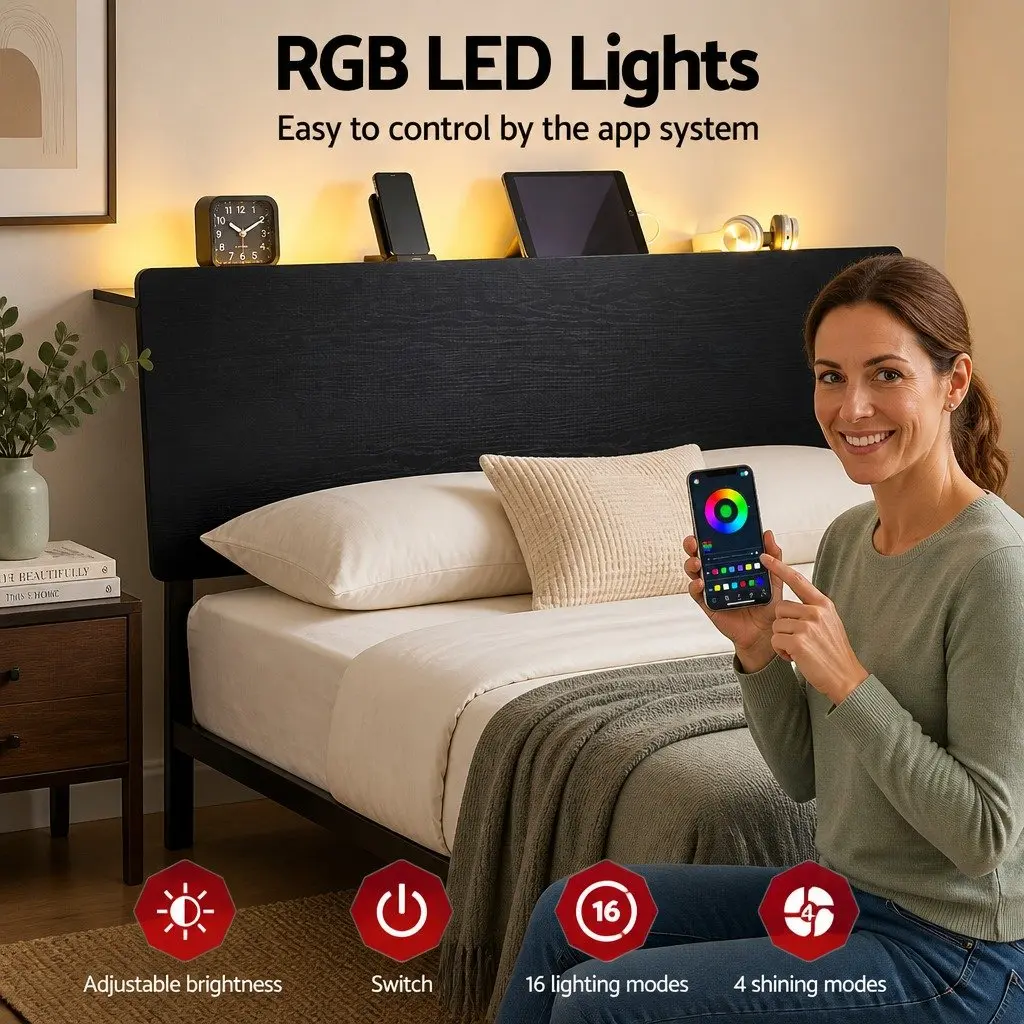 Metal Bed Frame with Storage Headboard Charging Station LED Lighting Queen Size Black