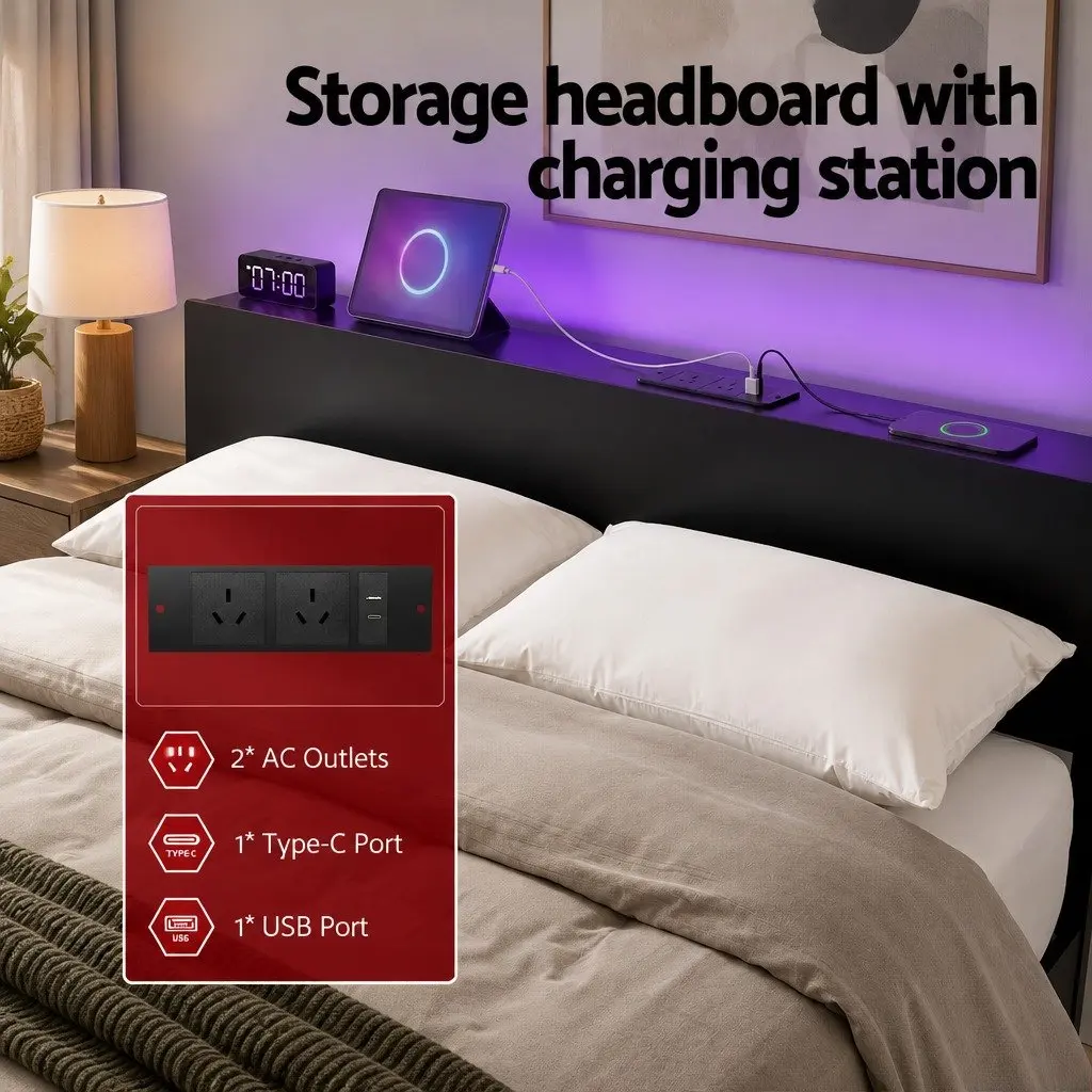 Metal Bed Frame with Storage Headboard Charging Station LED Lighting Queen Size Black