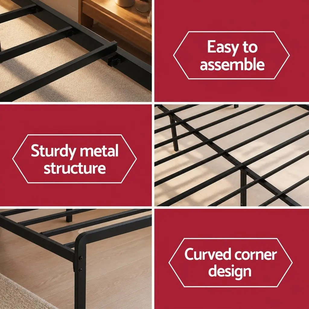 Metal Bed Frame with Storage Headboard Charging Station LED Lighting Queen Size Black