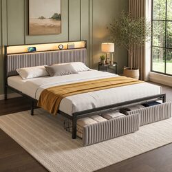 Metal Bed Frame with LED Charging Station and Drawers