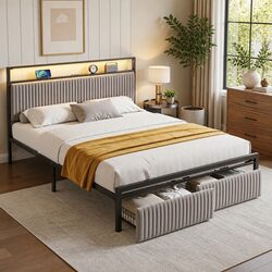Queen Size Metal Bed Frame with Velvet Headboard and USB Charging