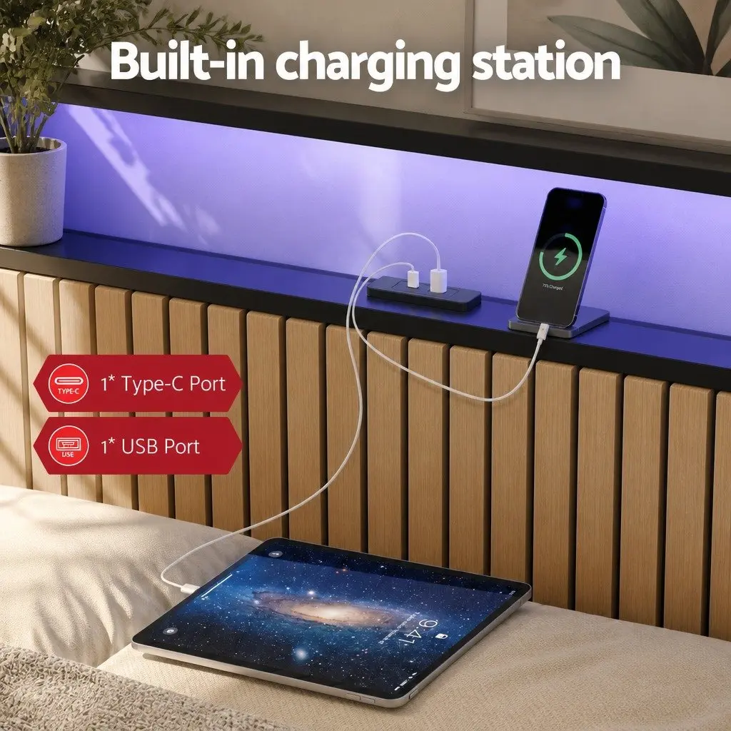 Queen Size Metal Bed Frame with Velvet Headboard LED Charging Station Black