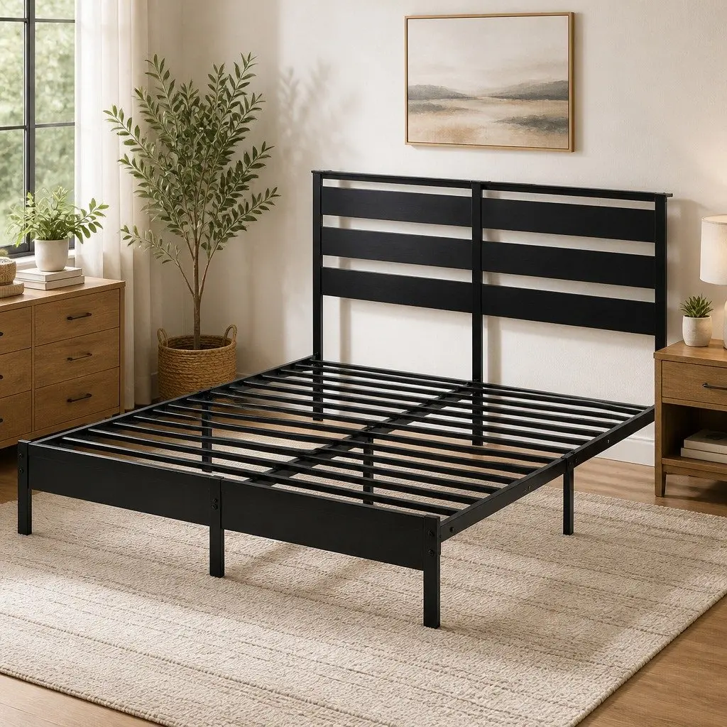 Double Bed Frame in Black Metal with Charging and Storage