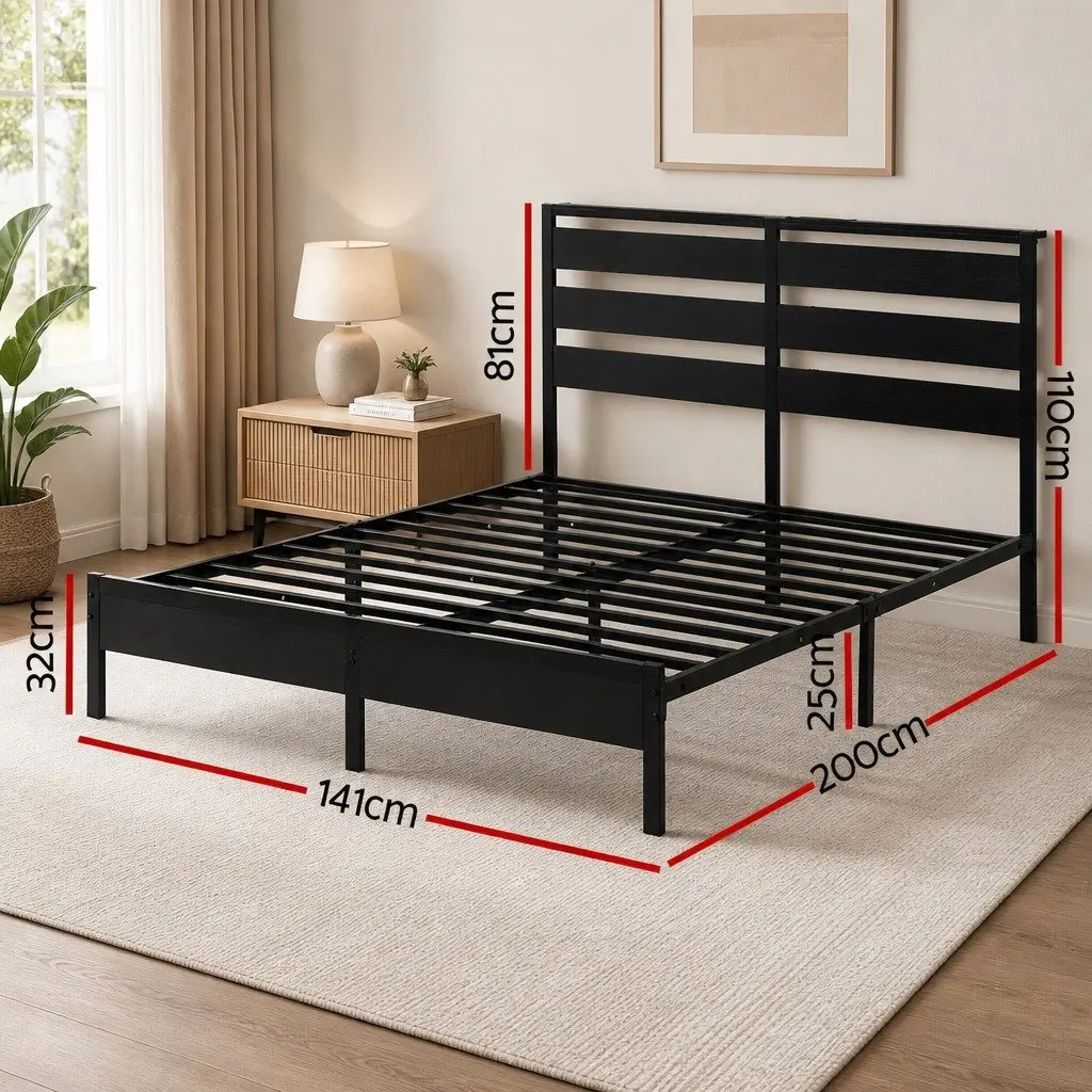 Double Bed Frame in Black Metal with Charging and Storage