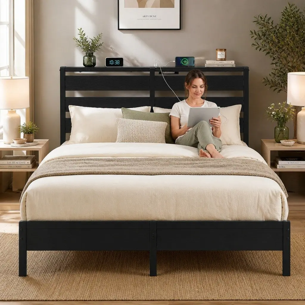Double Bed Frame in Black Metal with Charging and Storage