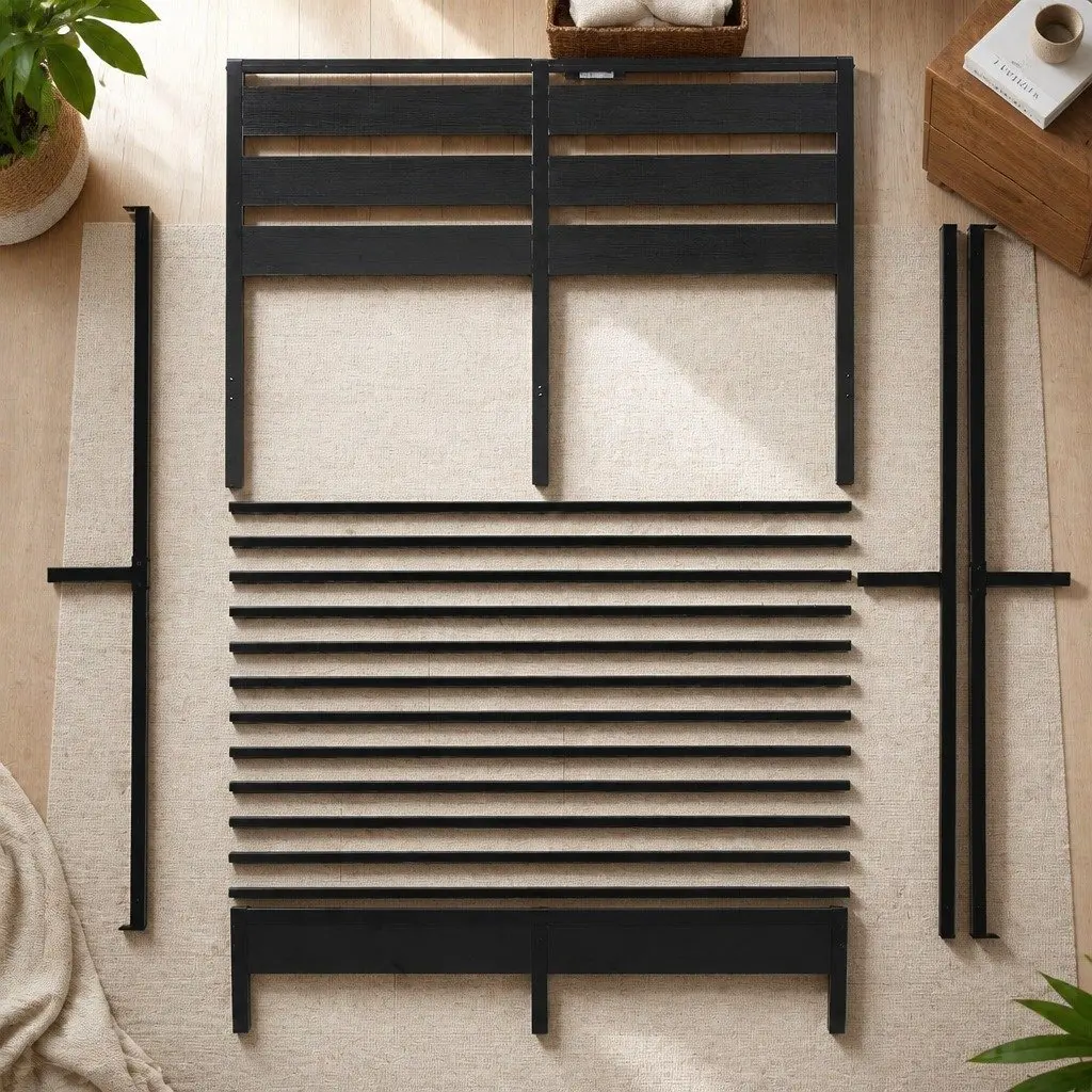 Double Bed Frame in Black Metal with Charging and Storage