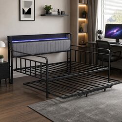 King Single Metal Bed Frame with Trundle and Charging Station