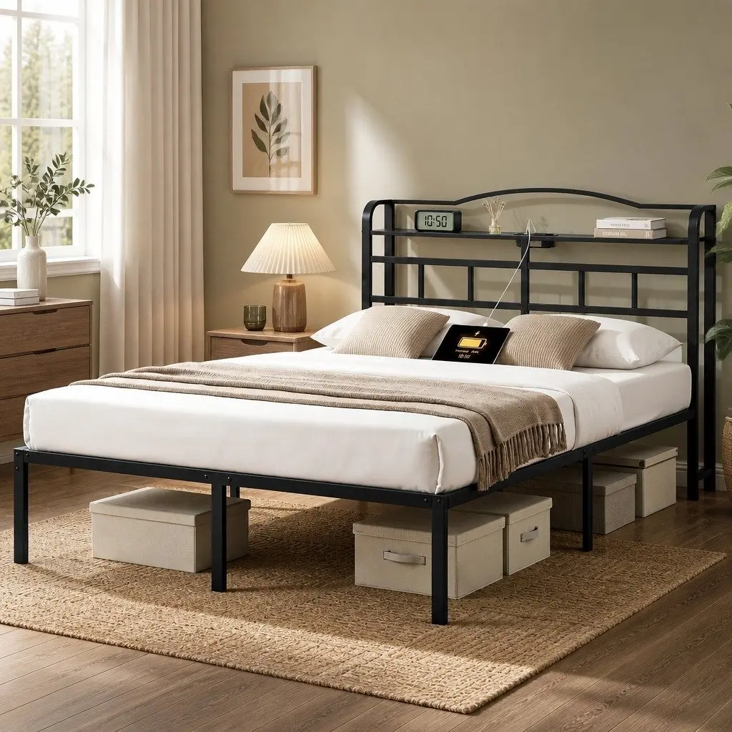 Double Bed Frame with Integrated Charging Station Rounded Corners Black