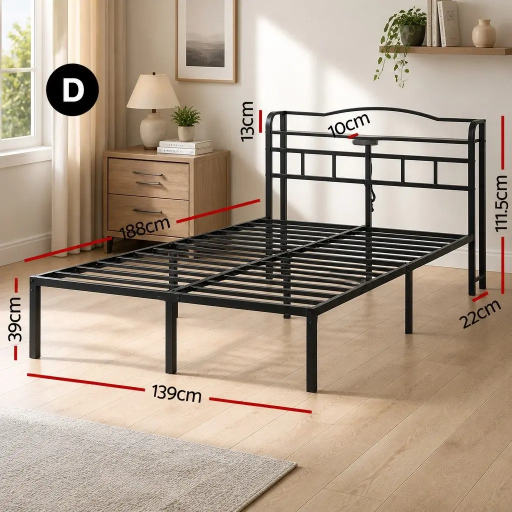 Double Bed Frame with Integrated Charging Station Rounded Corners Black