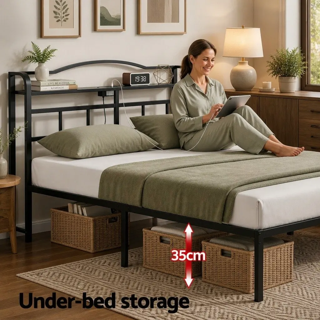 Double Bed Frame with Integrated Charging Station Rounded Corners Black