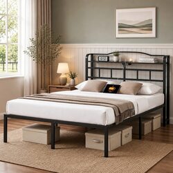 Durable Queen Size Bed Frame with Integrated Charging Features