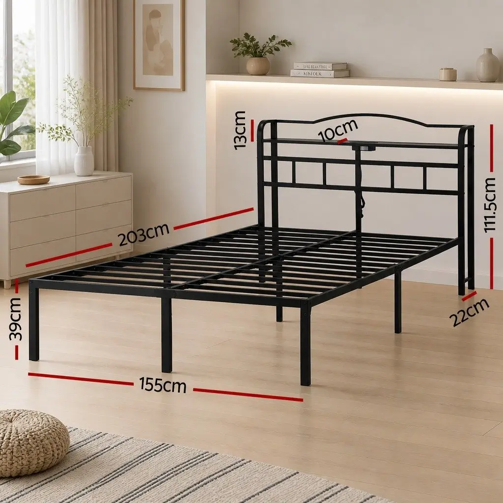 Queen Size Bed Frame Black with Under-Bed Storage MDF Headboard and Integrated Charging Station AC Outlets USB Type-C Quick Assembly