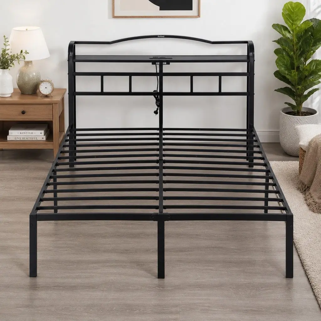 Queen Size Bed Frame Black with Under-Bed Storage MDF Headboard and Integrated Charging Station AC Outlets USB Type-C Quick Assembly