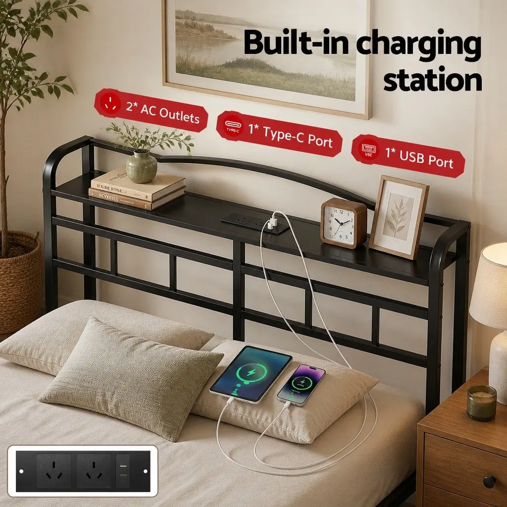 Queen Size Bed Frame Black with Under-Bed Storage MDF Headboard and Integrated Charging Station AC Outlets USB Type-C Quick Assembly