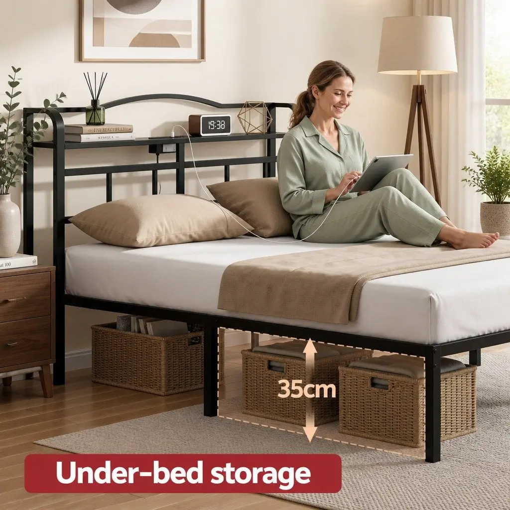 Queen Size Bed Frame Black with Under-Bed Storage MDF Headboard and Integrated Charging Station AC Outlets USB Type-C Quick Assembly