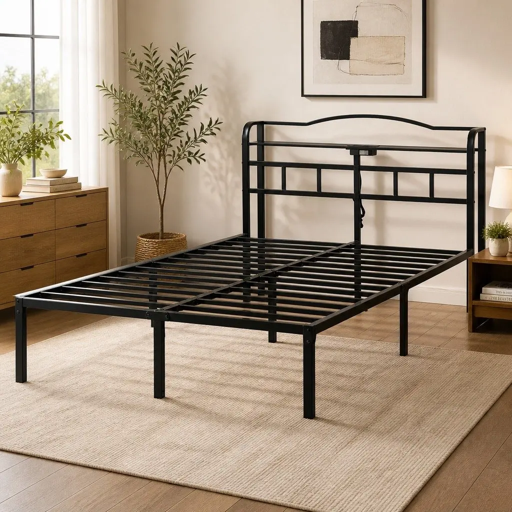 Queen Size Bed Frame Black with Under-Bed Storage MDF Headboard and Integrated Charging Station AC Outlets USB Type-C Quick Assembly