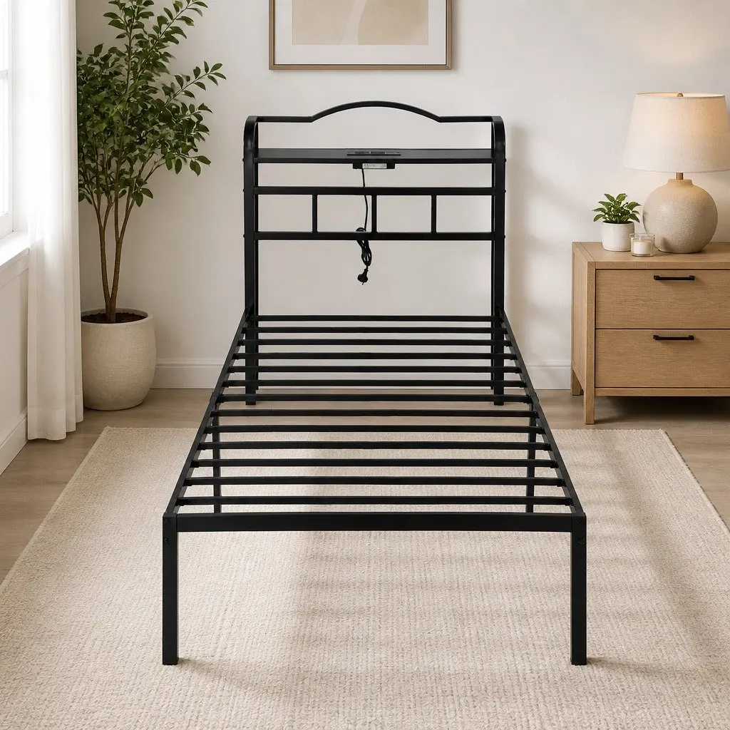 Single Bed Frame Black Metal with Storage MDF Headboard Integrated Charging Station 210cm x 94cm x 111.5cm