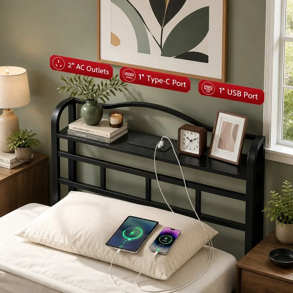 Single Bed Frame Black Metal with Storage MDF Headboard Integrated Charging Station 210cm x 94cm x 111.5cm