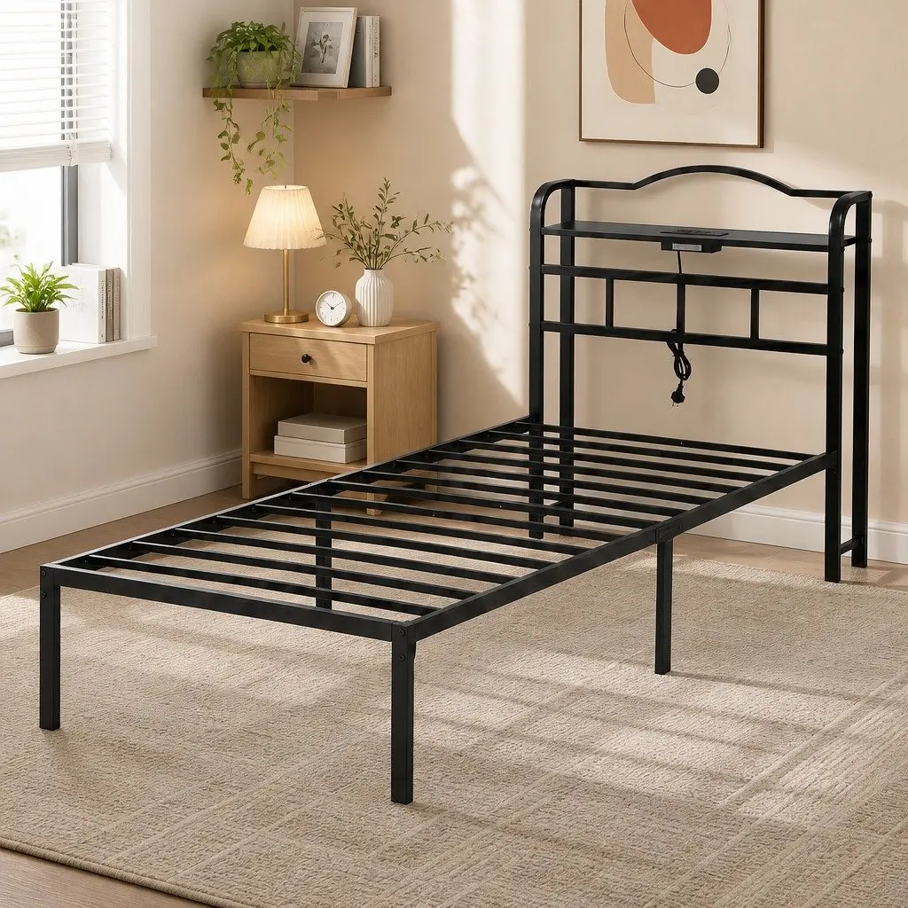 Single Bed Frame Black Metal with Storage MDF Headboard Integrated Charging Station 210cm x 94cm x 111.5cm