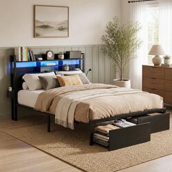 Double Bed Frame with Storage Drawers and LED Lights