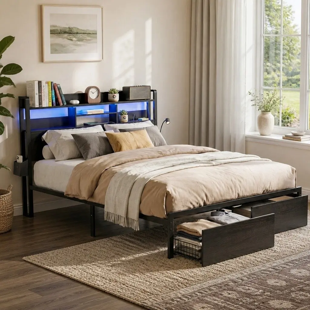 King Size Bed Frame with LED Lights Charging Station Metal Base and Storage Drawers in Black