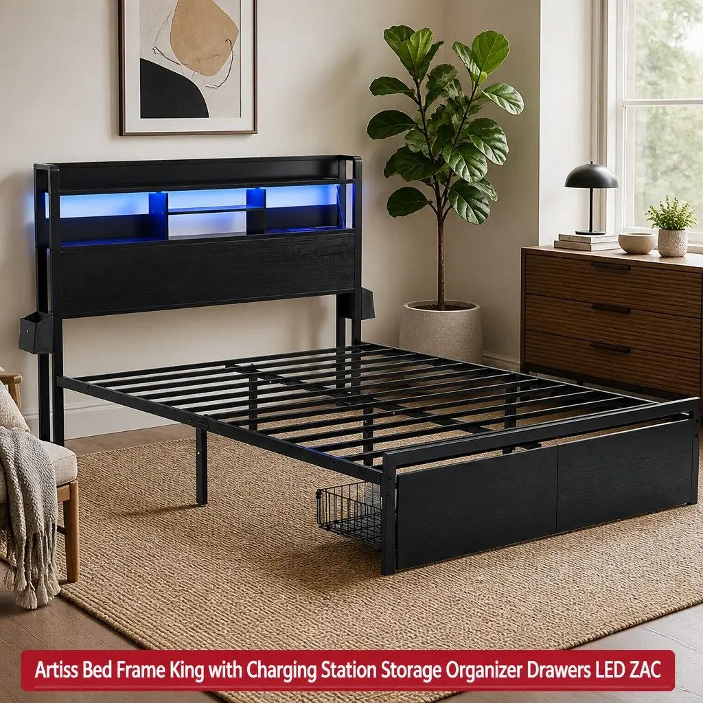 King Size Bed Frame with LED Lights Charging Station Metal Base and Storage Drawers in Black