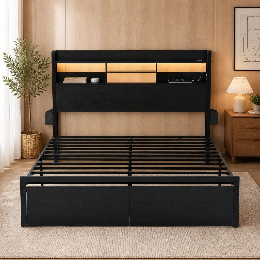 King Size Bed Frame with LED Lights Charging Station Metal Base and Storage Drawers in Black