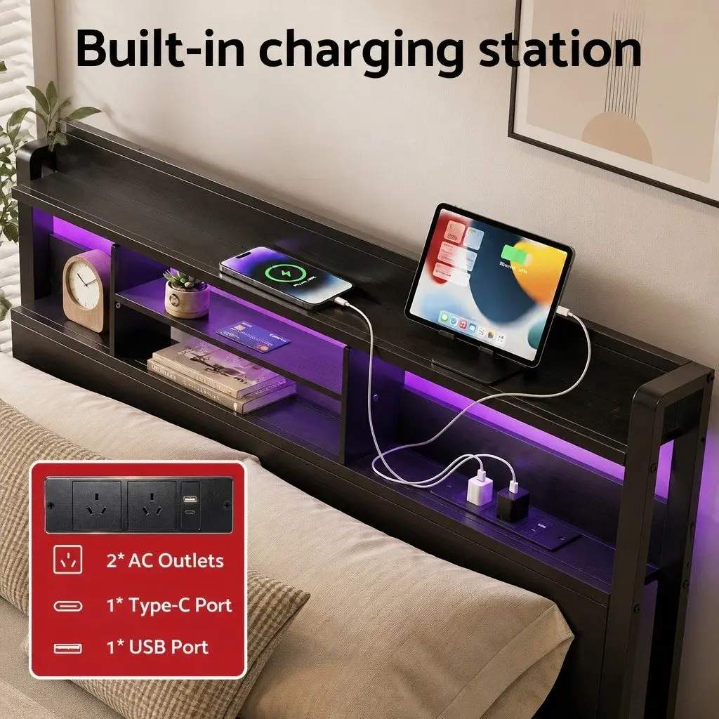King Size Bed Frame with LED Lights Charging Station Metal Base and Storage Drawers in Black