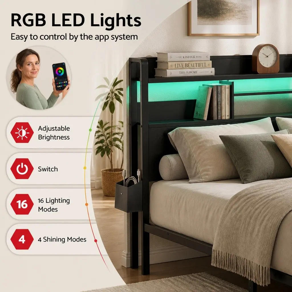 King Size Bed Frame with LED Lights Charging Station Metal Base and Storage Drawers in Black