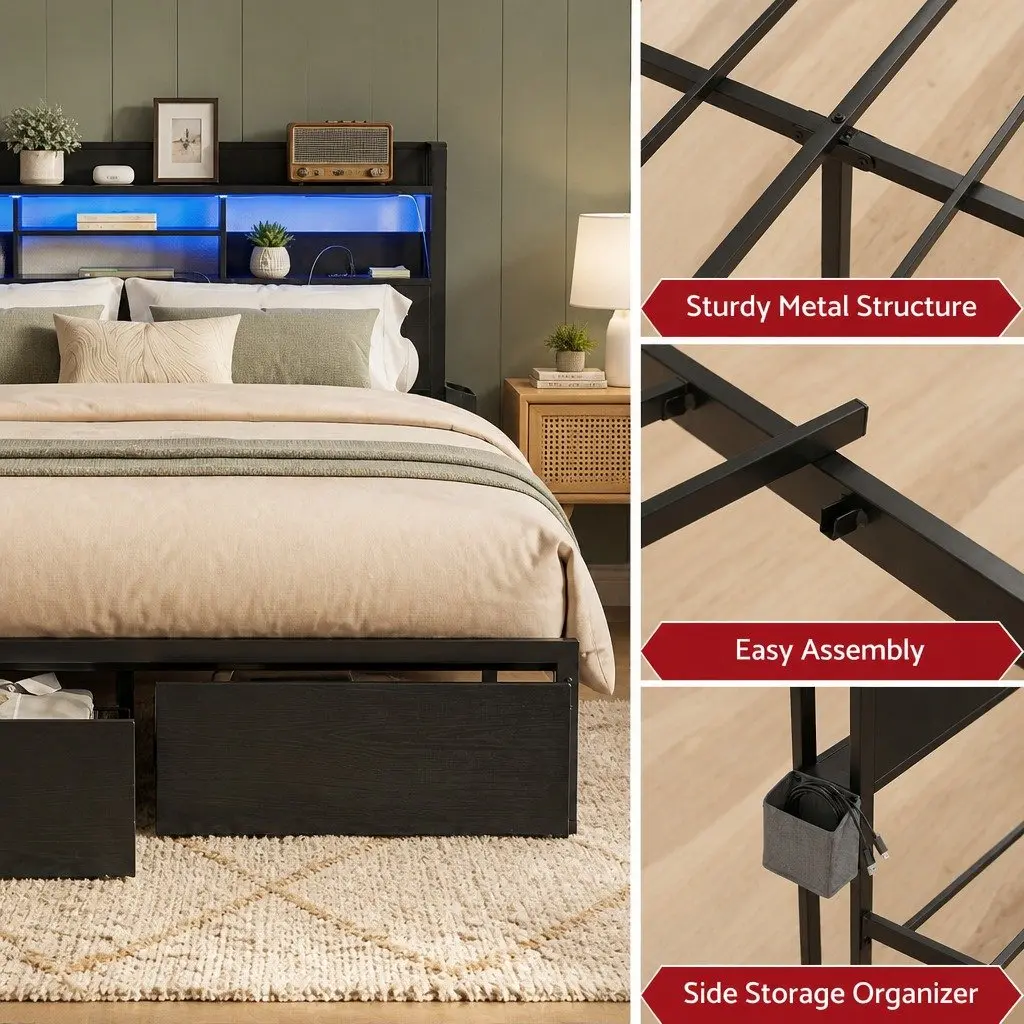 King Size Bed Frame with LED Lights Charging Station Metal Base and Storage Drawers in Black