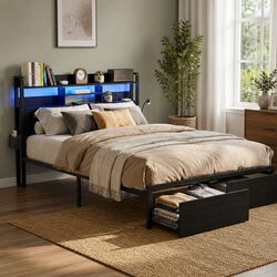 Metal Queen Bed Frame with Storage and Charging Station