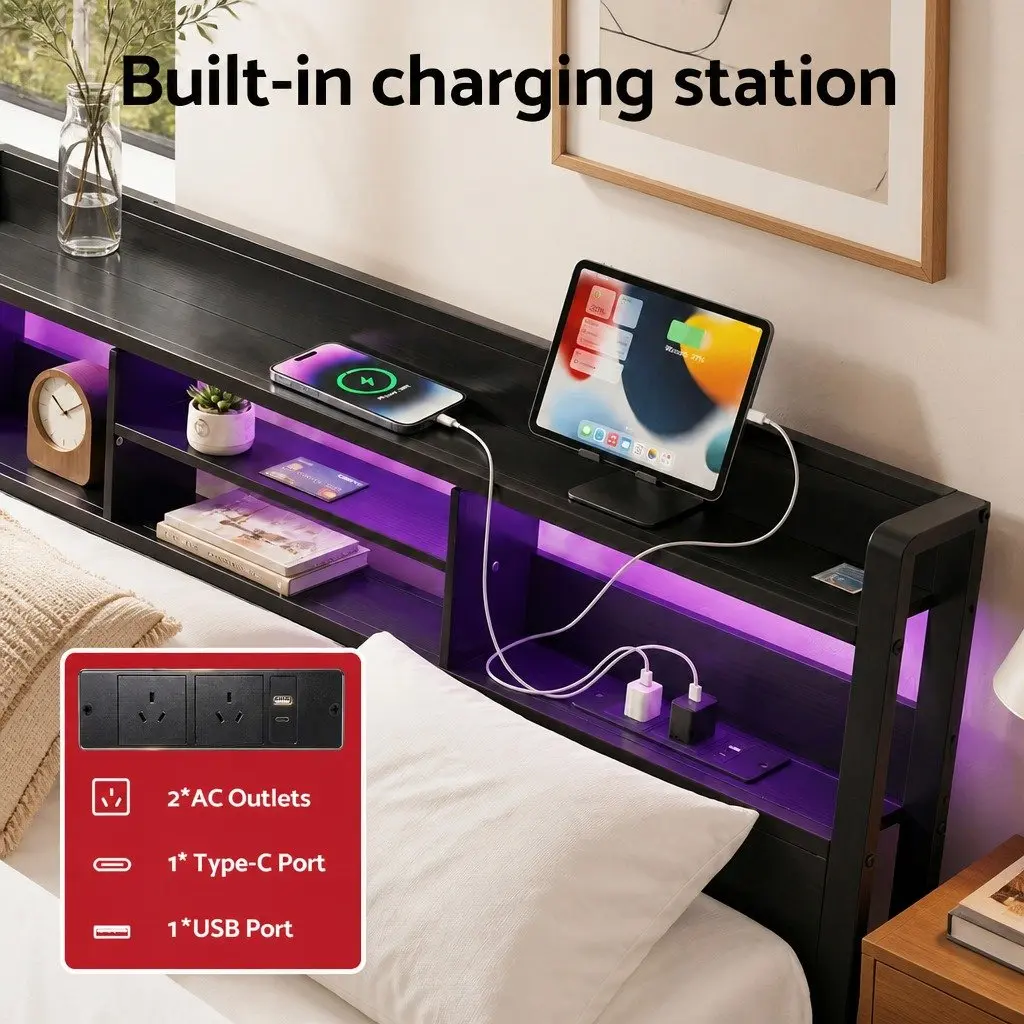 Queen Bed Frame with Storage Drawers Charging Station Metal Industrial Black