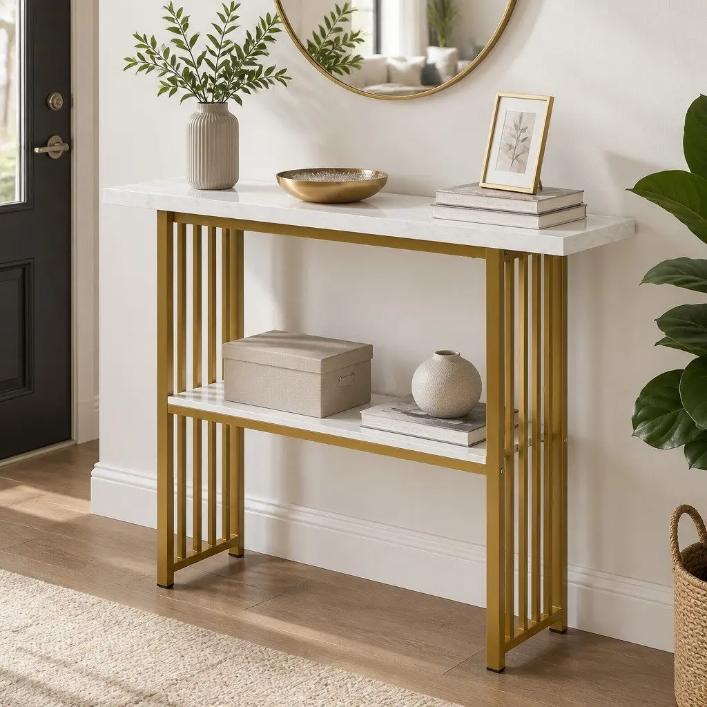 Console Table 2-Tier Storage Faux Marble White Gold