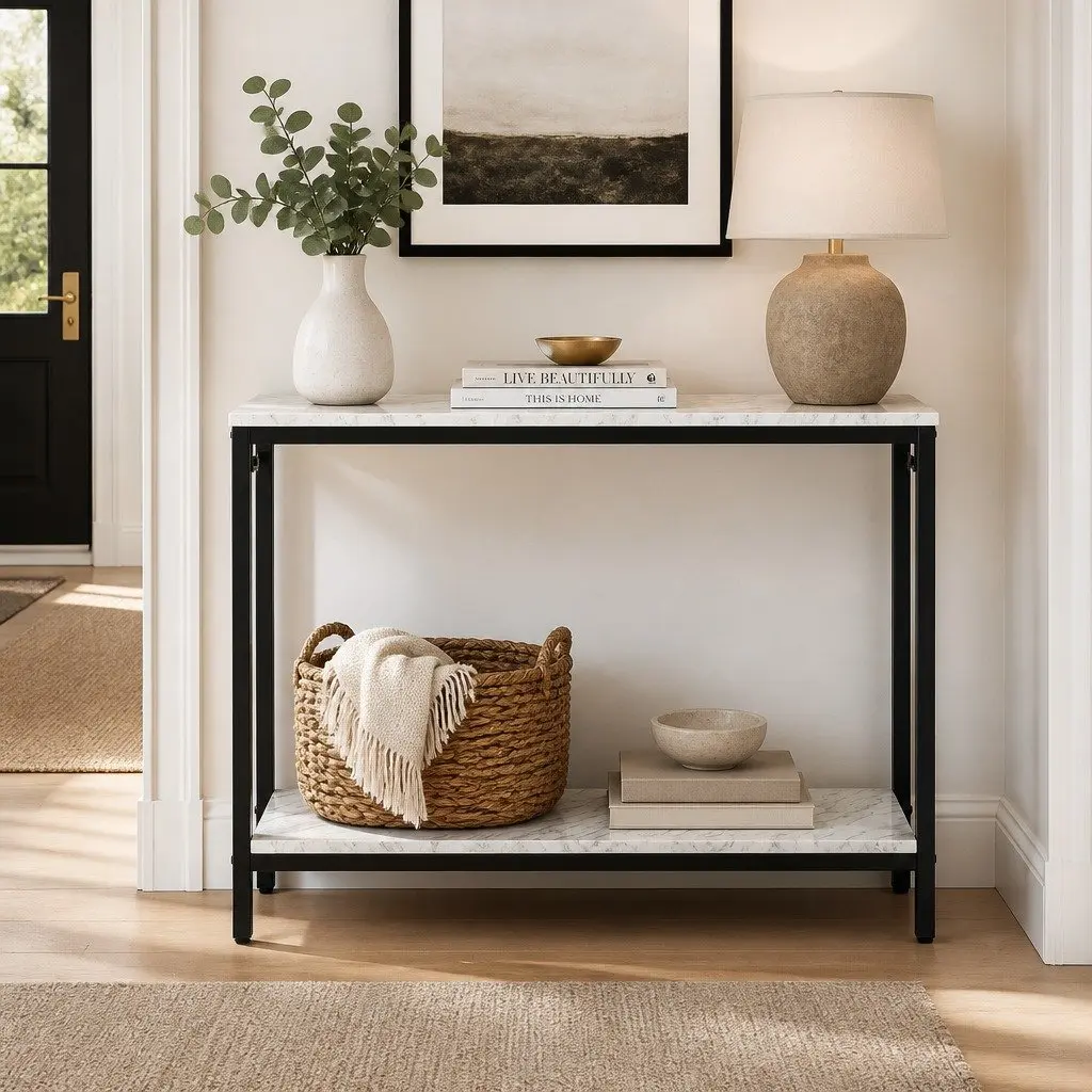 Console Table 2-Tier Entryway Hallway Display Desk Marble Effect Storage Black