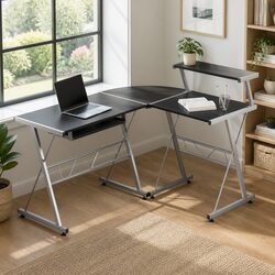 L-Shape Computer Desk with Pull-Out Keyboard Tray Black