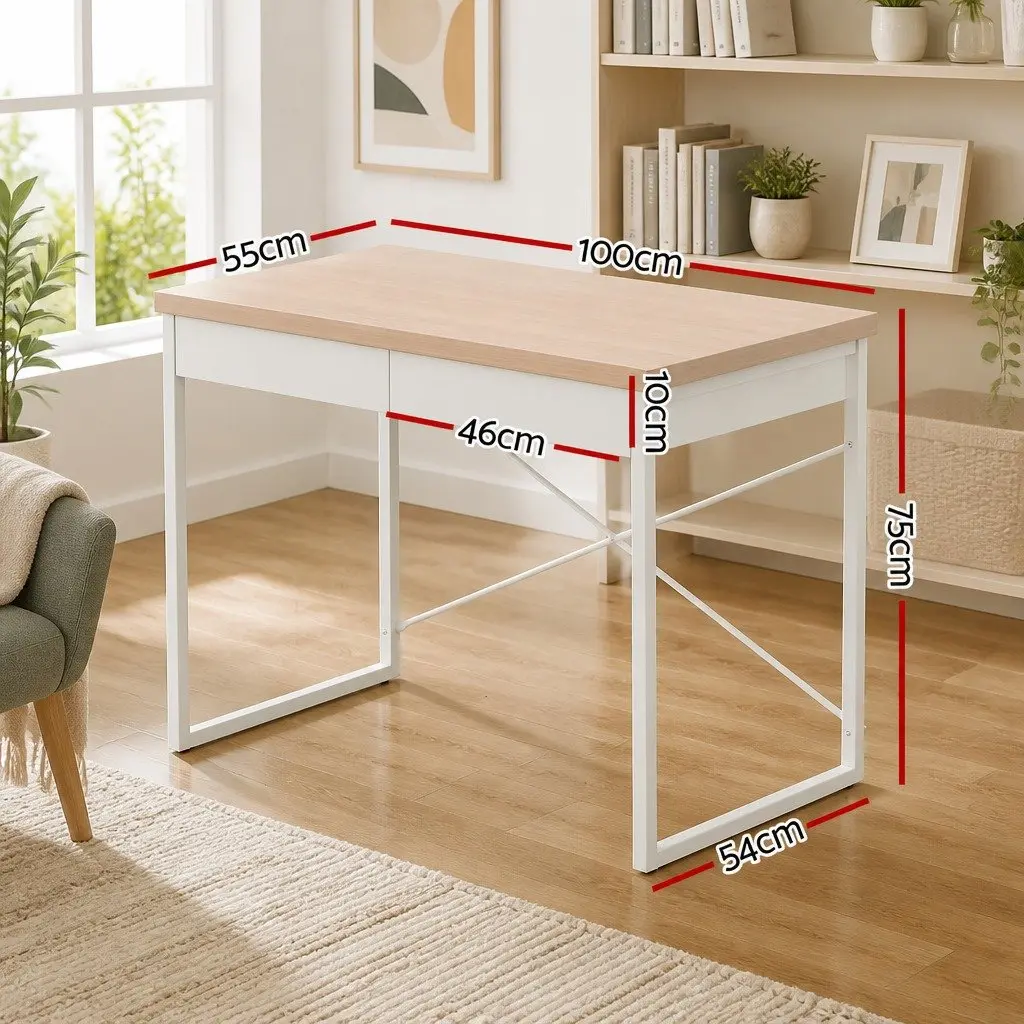 Computer Desk with 2 Drawers Storage Oak 100cm