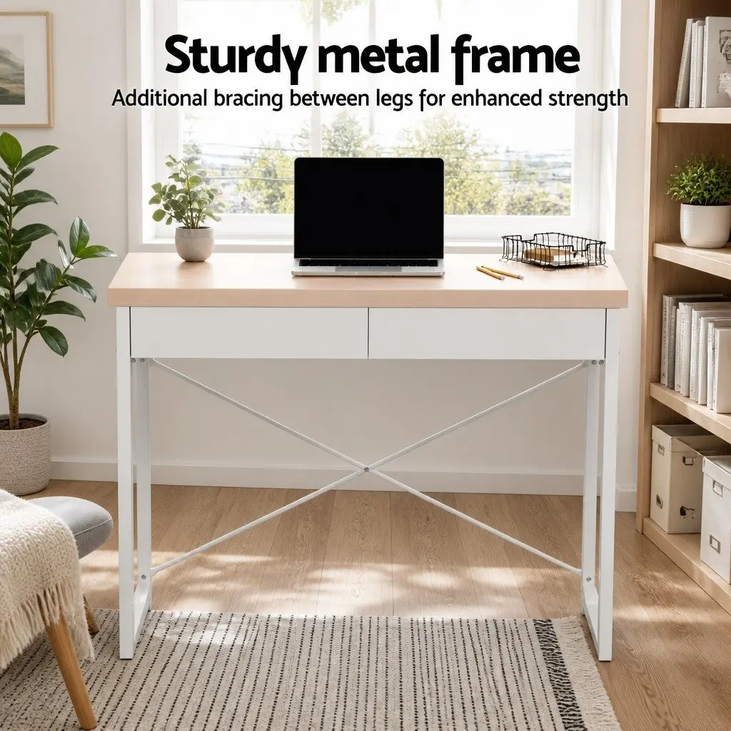 Computer Desk with 2 Drawers Storage Oak 100cm