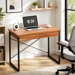 Compact Computer Desk with 2 Drawers in Walnut Black