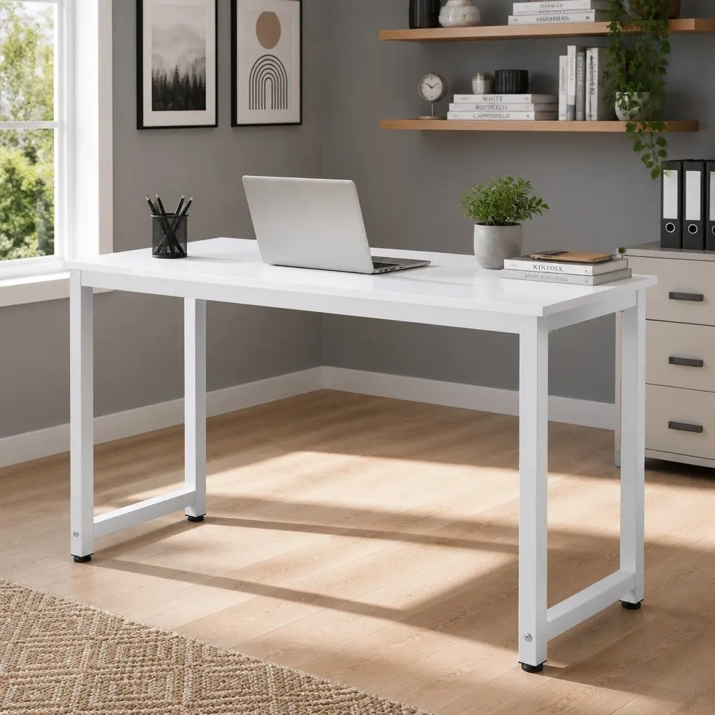 White Computer Desk 120CM Spacious Surface Study Table Particle Board Home Office