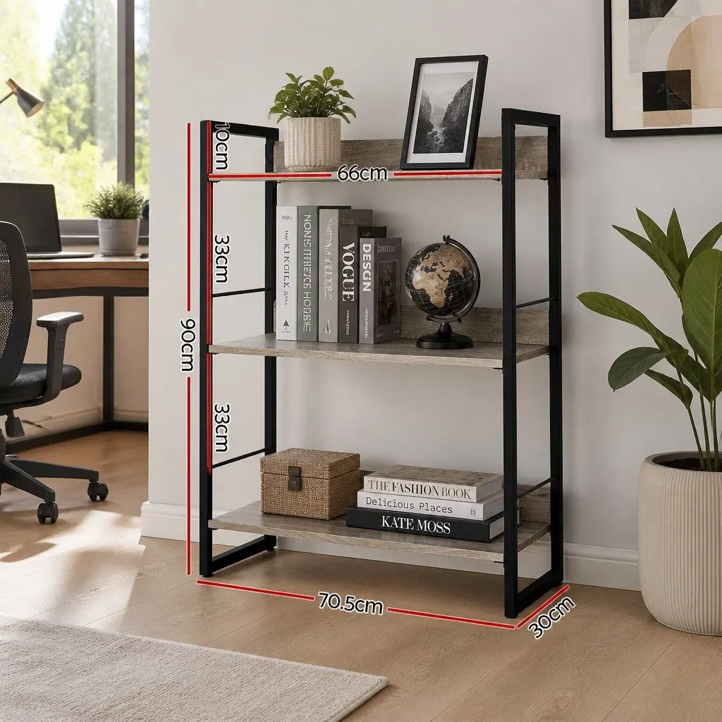 3-Tier Display Bookshelf Oak Wood Grain Black Metal Frame 70.5cm x 30cm x 90cm