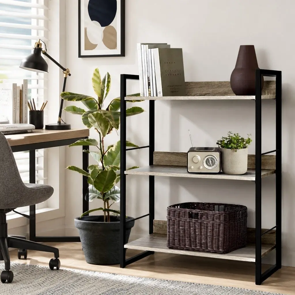 3-Tier Display Bookshelf Oak Wood Grain Black Metal Frame 70.5cm x 30cm x 90cm